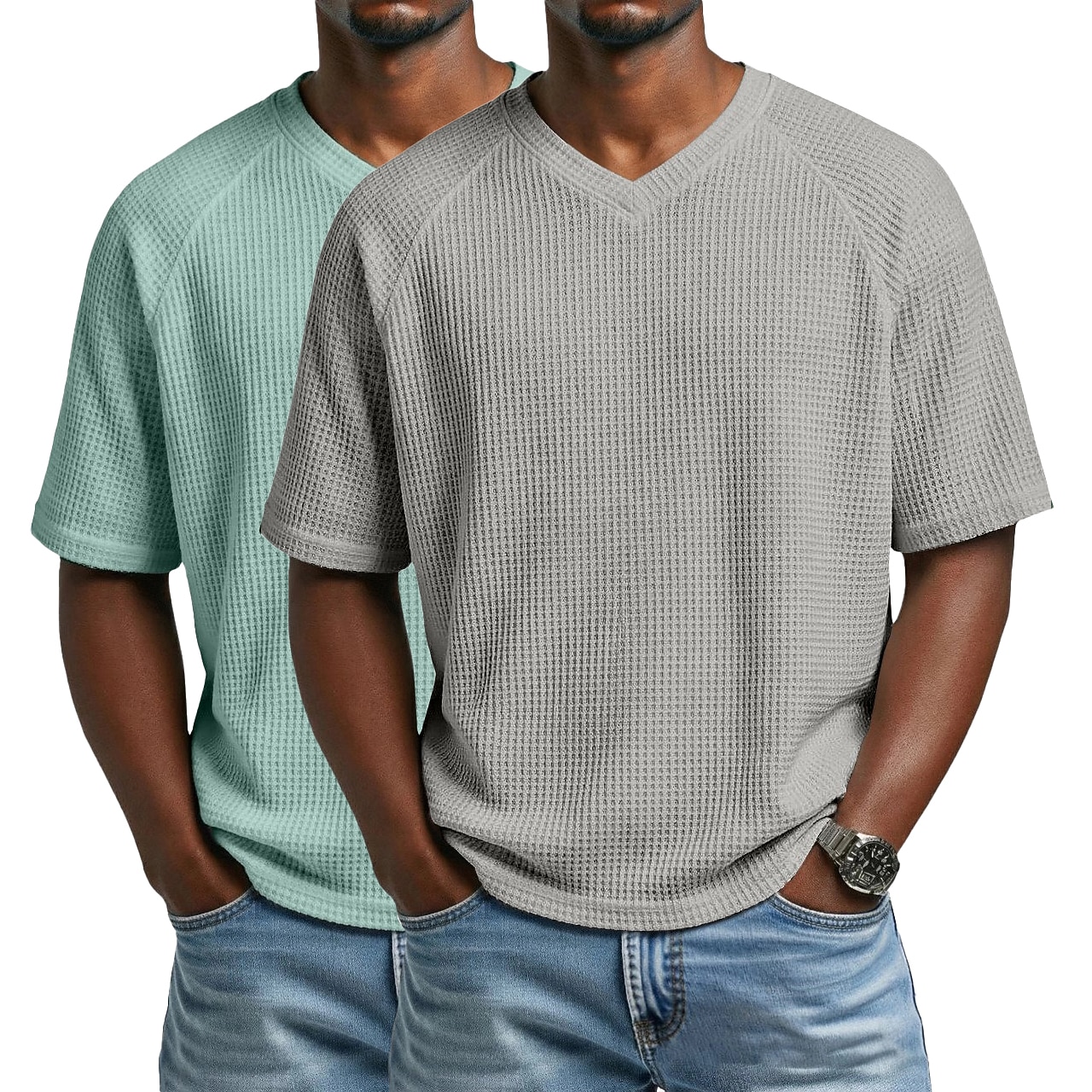 2PCS Men's Waffle T-shirt Tee Top Short Sleeve V Neck Summer Solid Color Textured Fashion Designer Casual 2 Piece Multi-pack Raglan Sleeves Casual Daily Outdoor White Black Top Tee for Men