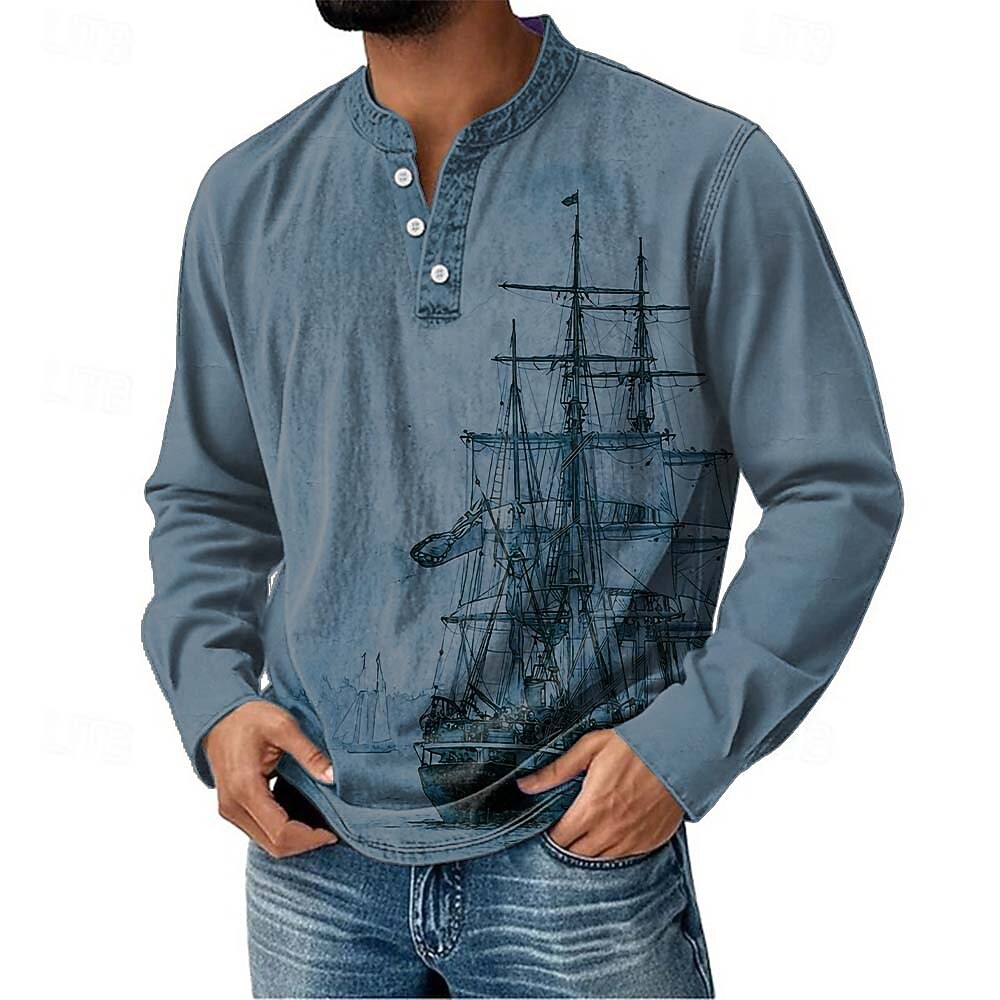 Men's Henley Shirt Long Sleeve Vintage Fashion Daily Casual Holiday Going out Spring Spring &  Fall All Seasons Navy-blue Deep Green Dark Grey Black Blue Henley Henley T-Shirt