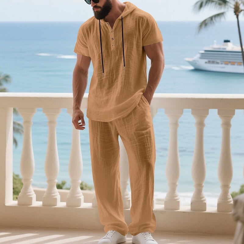 Men's T-shirt Suits Shirt and Pant Sets 2 Pieces Outfits Short Sleeve Hooded Summer Spring Plain Fashion Casual Drawstring 2 Piece Buttons Vacation Daily Wear Going out Black White Yellow Top Tee for