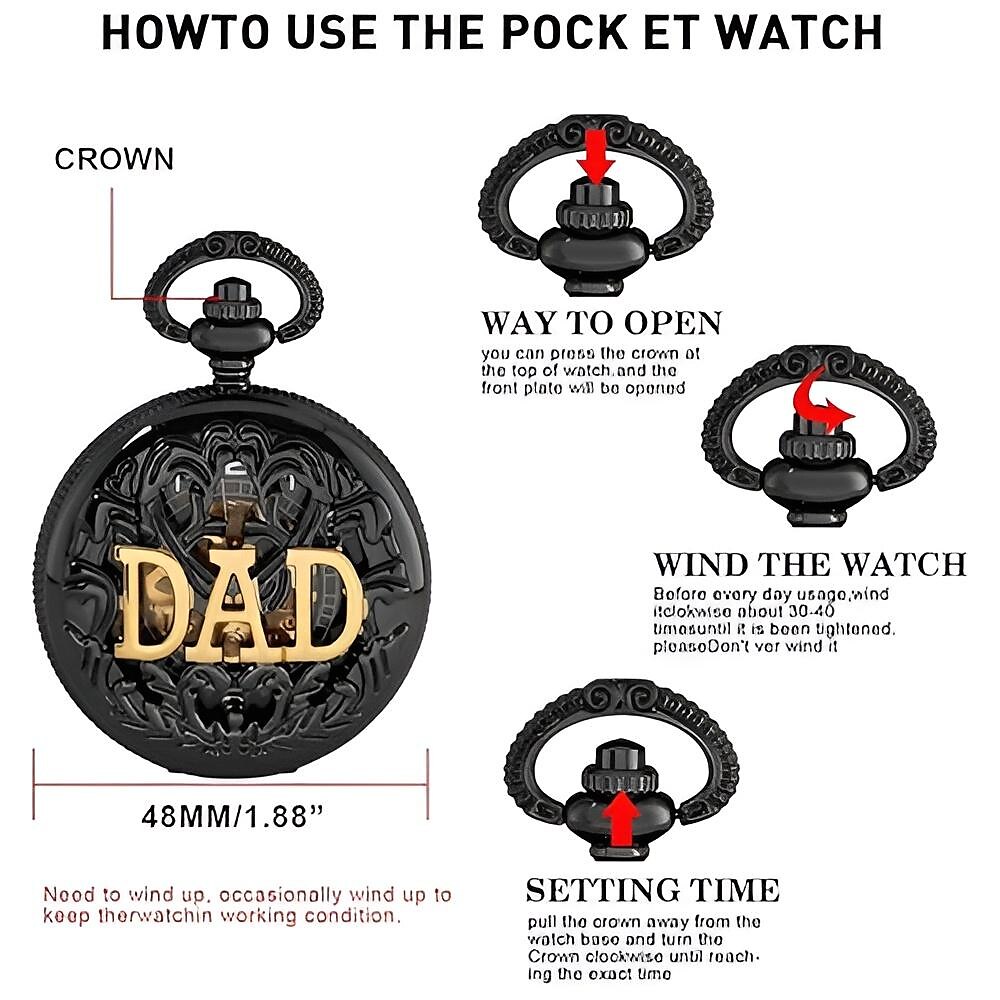 Black Engraved Mechanical Pocket Watch for Dad Vintage Skeleton Design with Chain Gift for Father Classic Timepiece