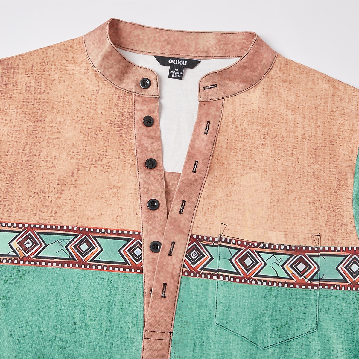 Men's Geometric Ethnic Henley Shirt Tee Long Sleeve Ethnic Casual Summer Spring Fall Lake blue Dark Gray Black Green Light Blue Henley Henley T-Shirt