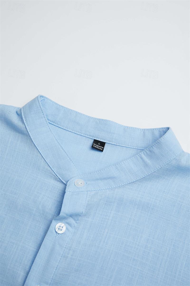 Men's Linen Shirt Popover Shirt Casual Shirt Band Collar Shirt Beach Shirt Black White Pink Blue Long Sleeve Plain Henley Spring & Summer Hawaiian Holiday Clothing Apparel