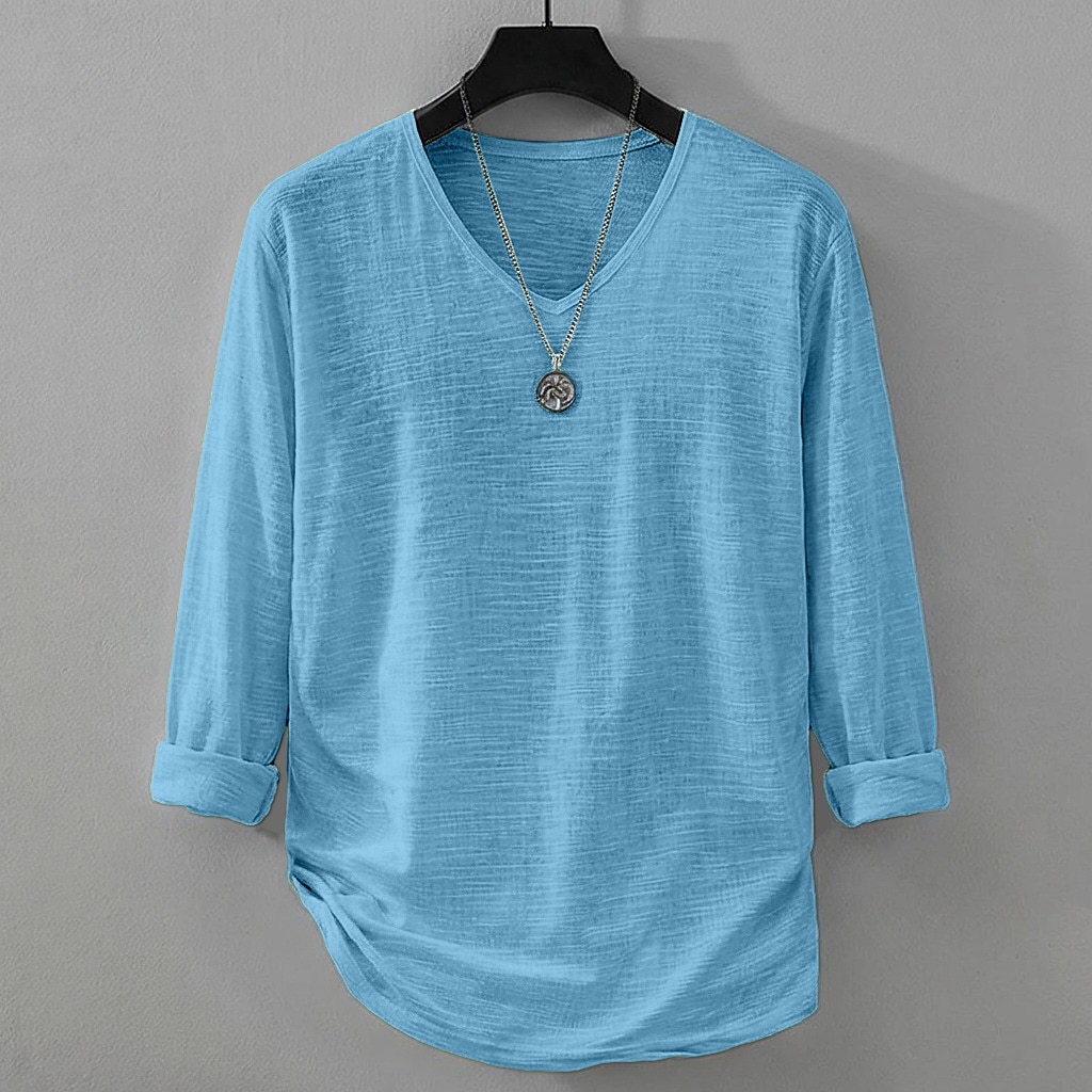 Men's Tee Top Linen T-Shirt Long Sleeve V Neck Summer Spring Solid Color Plain Daily Casual Street Style Plain Casual Outdoor Street Blue Lake blue Black Top Tee for Men