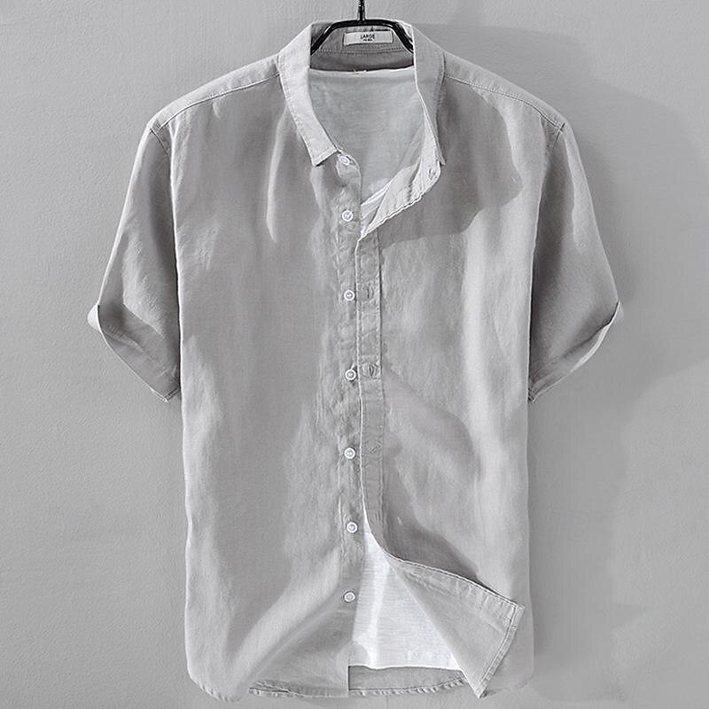 Men's Shirt Linen Shirt Casual Shirt Cotton Shirt White Sky Blue Dark Blue Apricot Short Sleeve Plain Turndown Summer Street Hawaiian Clothing Apparel Button-Down