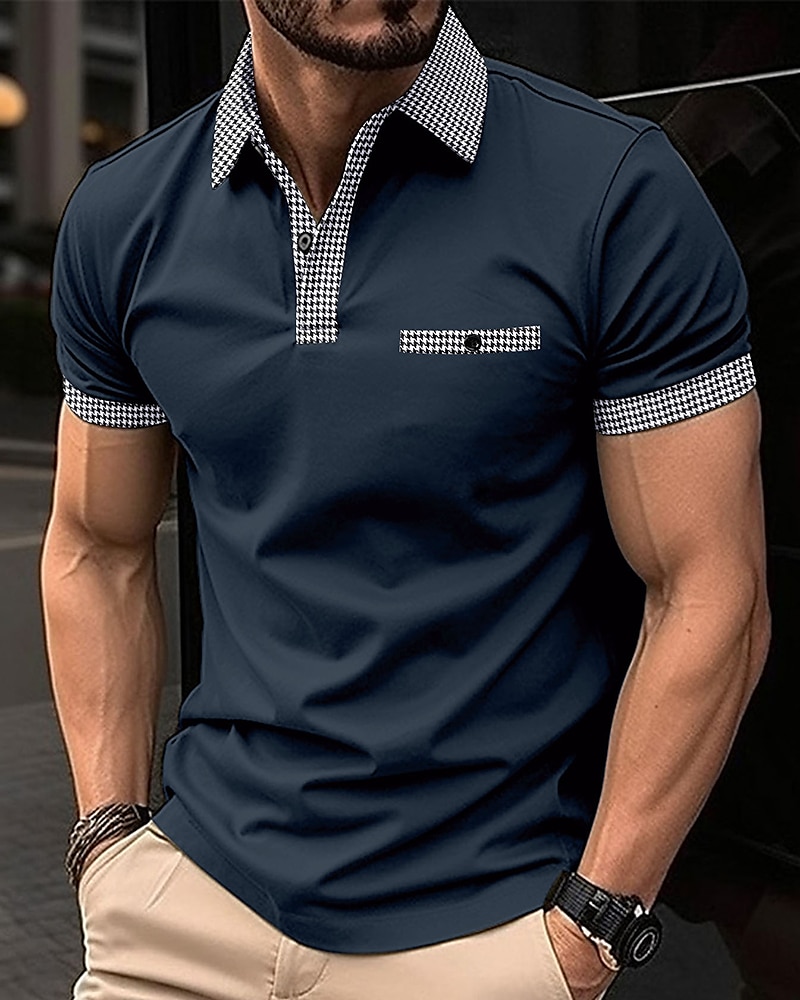 Men's Golf Shirt Golf Polo Work Casual Lapel Short Sleeve Basic Modern Color Block Houndstooth Patchwork Spring & Summer Regular Fit Black White Red Navy Blue Blue Beige Golf Shirt
