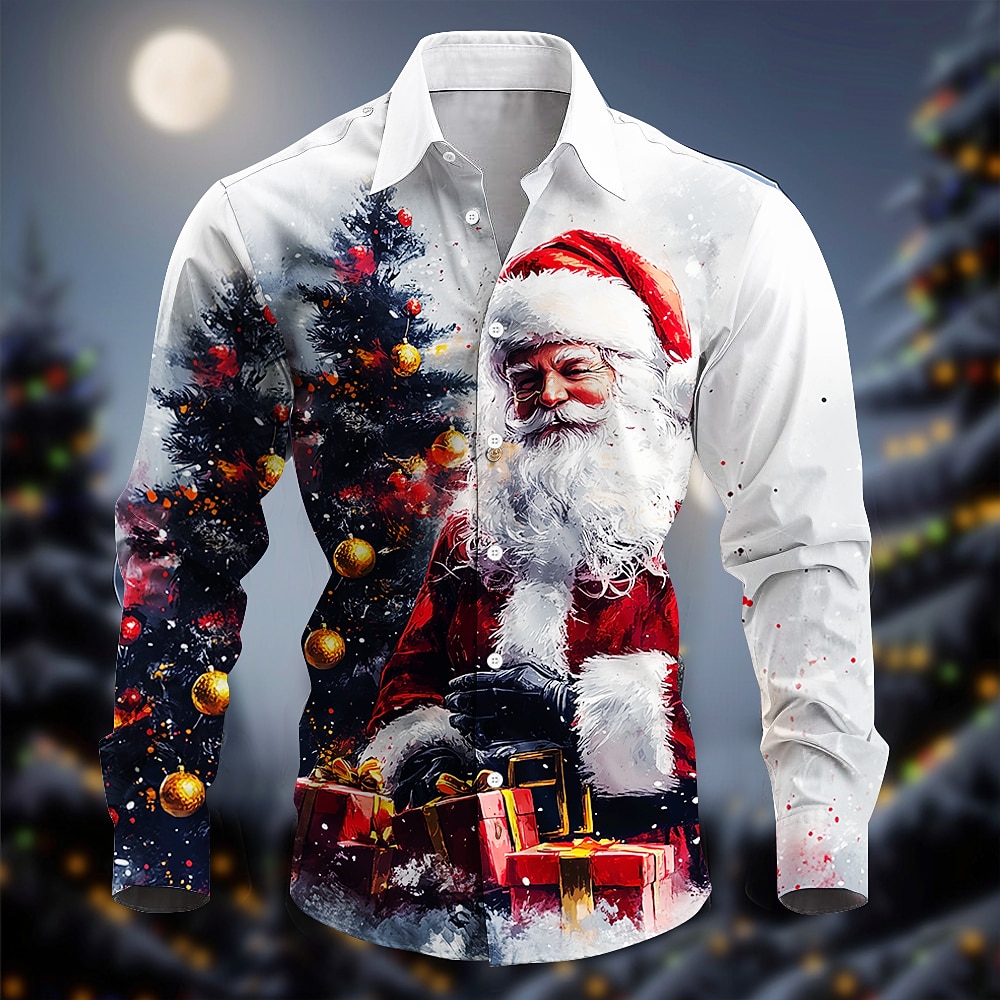 Men's Santa Claus Shirt Button Up Shirt Long Sleeve Casual Party Evening Wear Daily Fall Winter Spring & Summer Shirt Collar Button Up 3D Print White Red Blue Purple