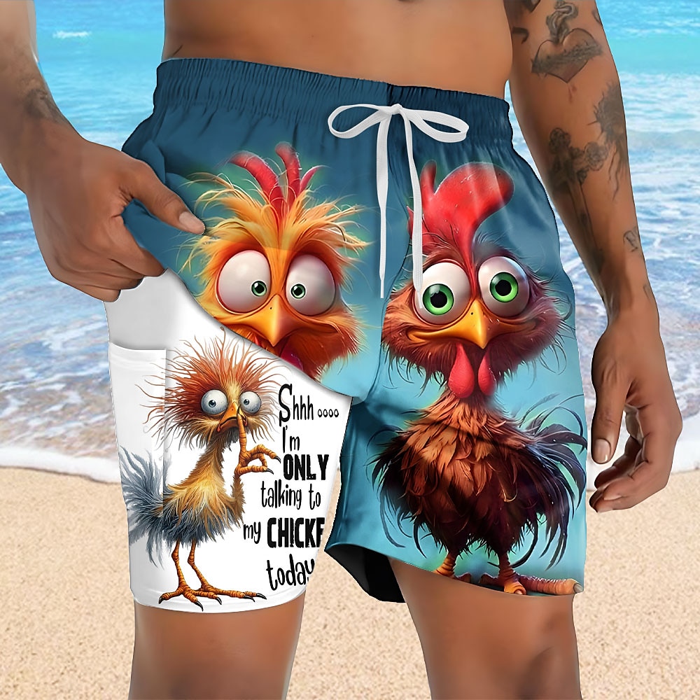 Men's Animal Funny Duck Lined Shorts 2 in 1 Board Shorts Swim Shorts Mid Waist Hawaiian Vacation Holiday Beach Wear Side Pockets With Compression Liner Elastic Drawstring Waist Designer Clothing