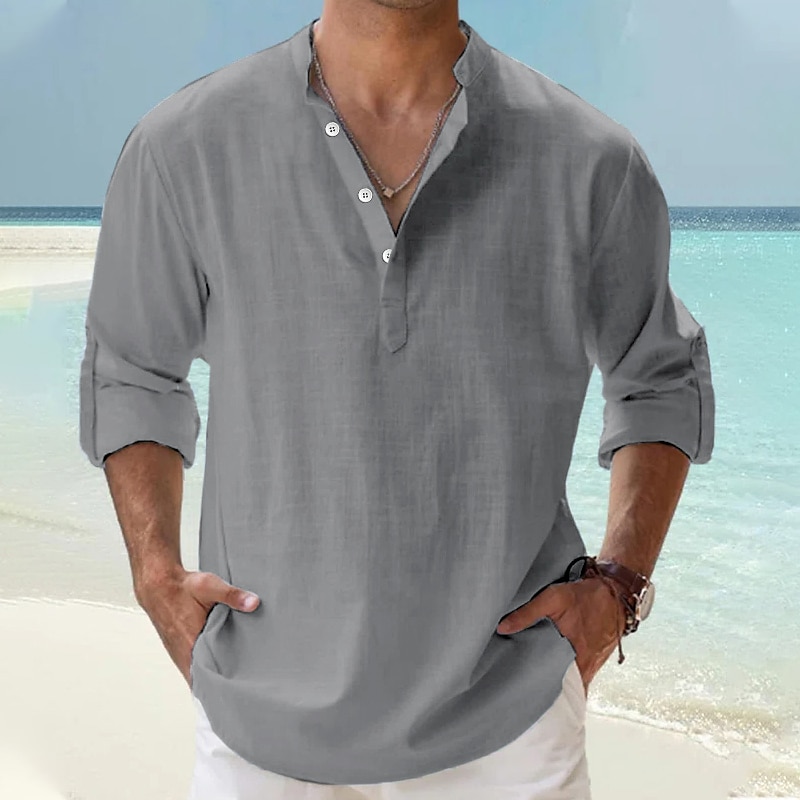 Men's Linen Shirt Popover Shirt Casual Shirt Band Collar Shirt Beach Shirt Black White Pink Blue Long Sleeve Plain Henley Spring & Summer Hawaiian Holiday Clothing Apparel