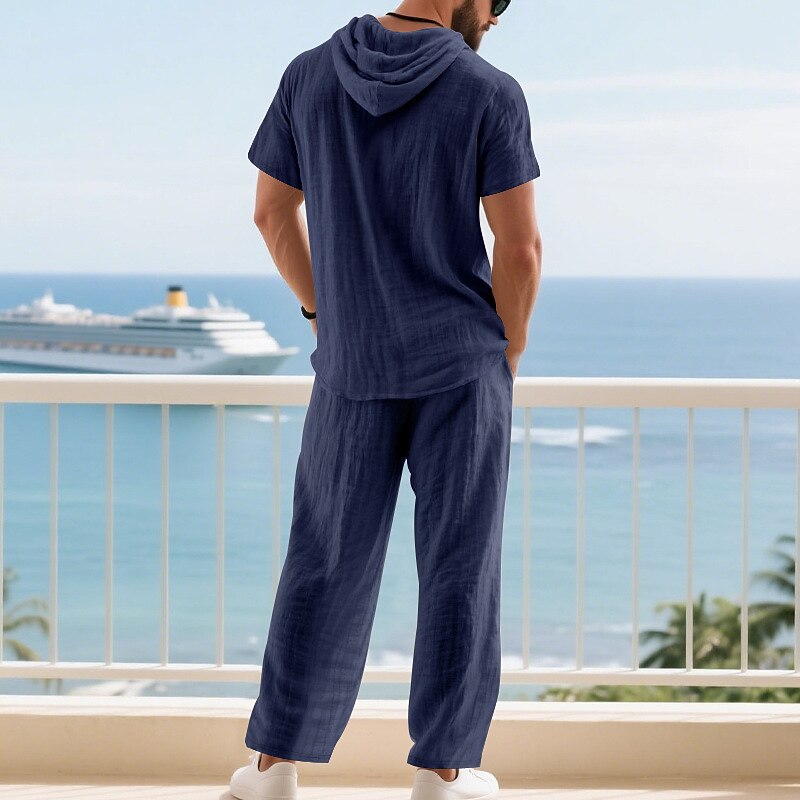 Men's T-shirt Suits Shirt and Pant Sets 2 Pieces Outfits Short Sleeve Hooded Summer Spring Plain Fashion Casual Drawstring 2 Piece Buttons Vacation Daily Wear Going out Black White Yellow Top Tee for