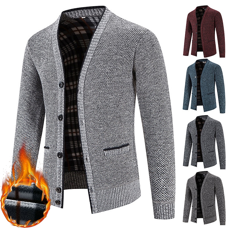 Men's Sweater Cardigan Fleece Sweater Knit Knitted Solid Color V Neck Stylish Daily Clothing Apparel Winter Red Blue S M L