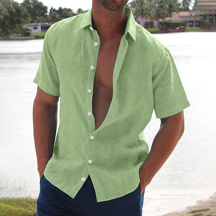 Men's Linen Shirt Summer Shirt Beach Wear Button Up Shirt Black White Blue Green Short Sleeve Solid Color Turndown Summer Hawaiian Holiday Clothing Apparel Button-Down