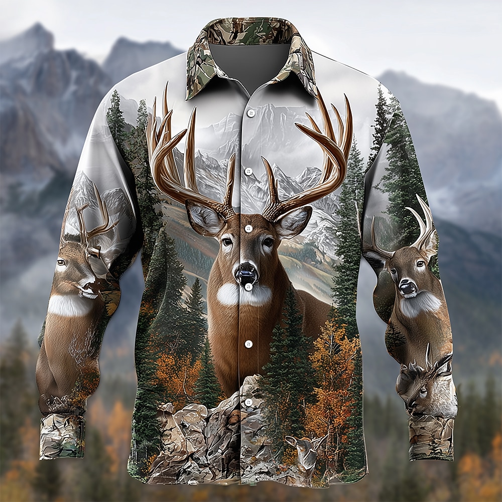 Men's Reindeer Nature Forest Shirt Button Up Shirt Long Sleeve Vintage Retro Outdoor Camping & Hiking Hunting Spring Fall Turndown 3D Print Collared Shirts Blue Khaki Light Grey Gray Light Blue