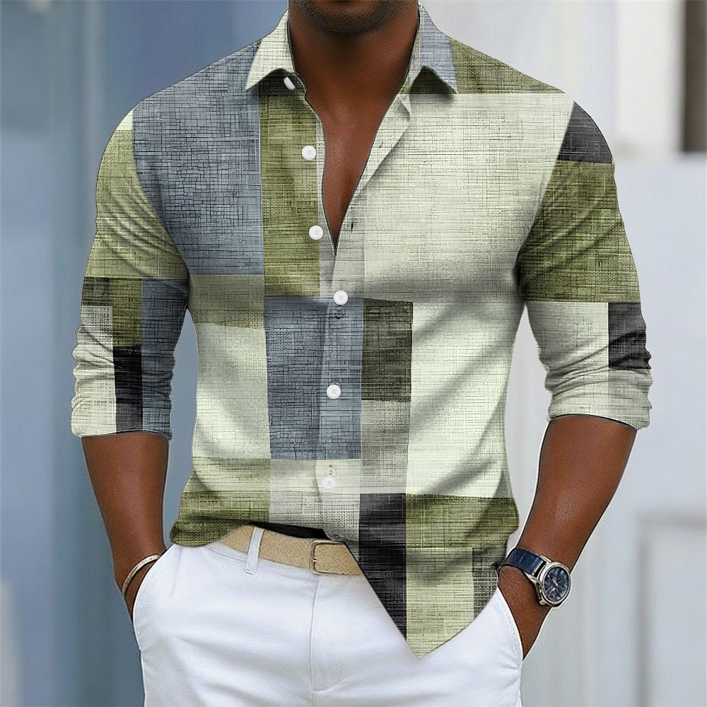 Men's Geometric Color Block Patchwork Shirt Button Up Shirt Long Sleeve Fashion Casual Outdoor Dailywear Spring Fall Turndown 3D Print Collared Shirts Blue Purple Green Khaki Gray