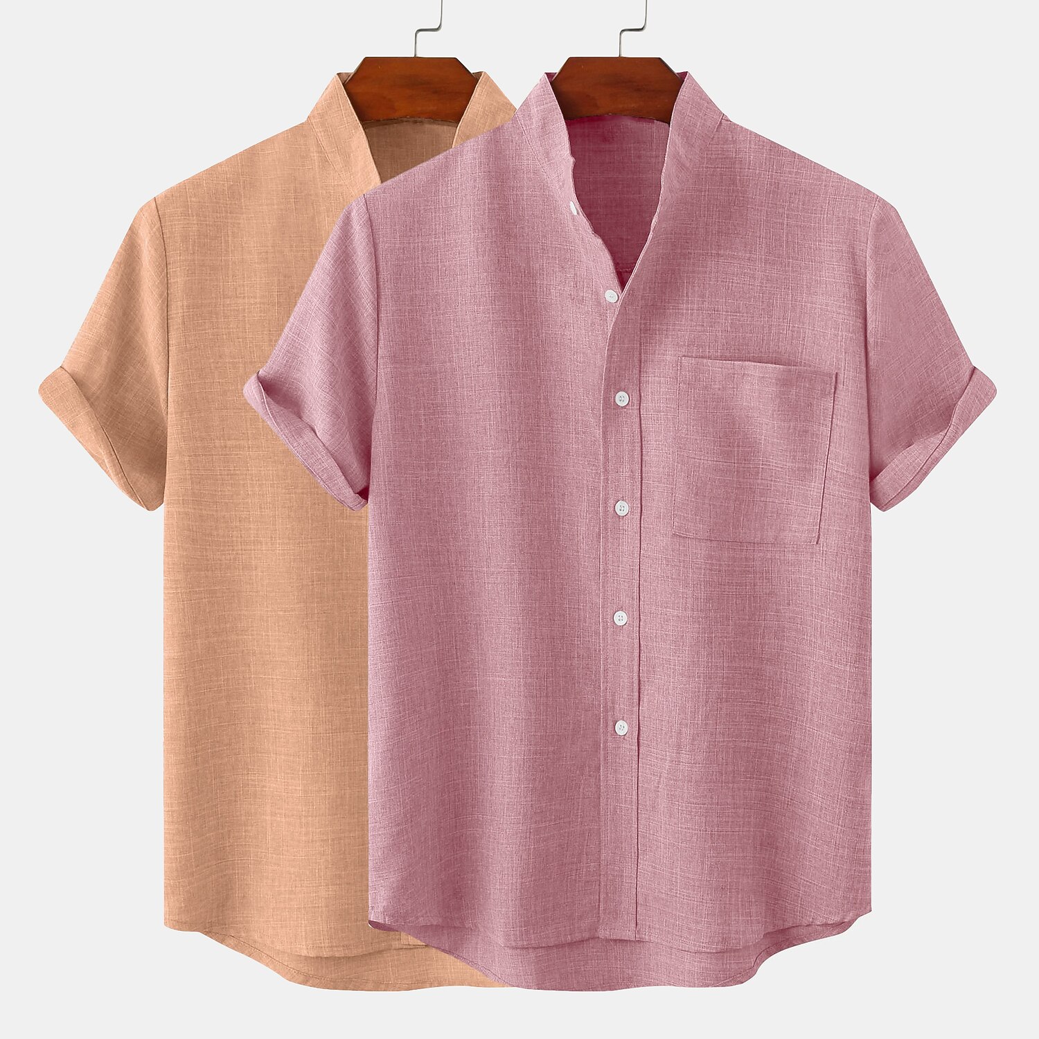 Men's Linen Shirt Summer Shirt Beach Wear Casual Shirt Band Collar Shirt Plain Vacation Casual White+Yellow Pink+Yellow White+Green Gray+Pink Short Sleeve Mandarin Collar Summer Spring & Summer