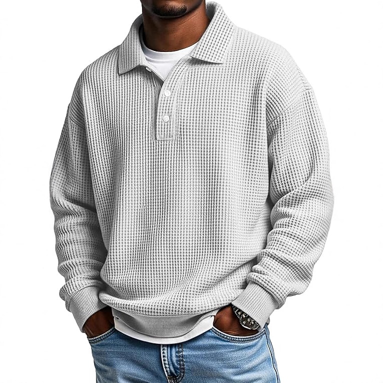 Men's Waffle Polo Shirts Polo Shirts Formal Business Ribbed Polo Collar Long Sleeve Fashion Solid Color Buttons Plain Fall Spring &  Fall Loose Fit Green Light Blue Purple Khaki Light Grey Dark Grey