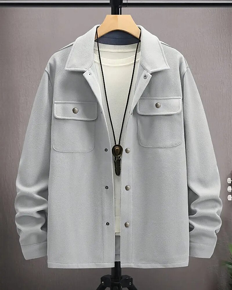 Men's Shirt Jacket Casual Jacket Vacation Daily Breathable Pocket Spring Fall Plain Fashion Classic Lapel Regular Dark Gray Black Navy Blue Khaki Light Grey Jacket