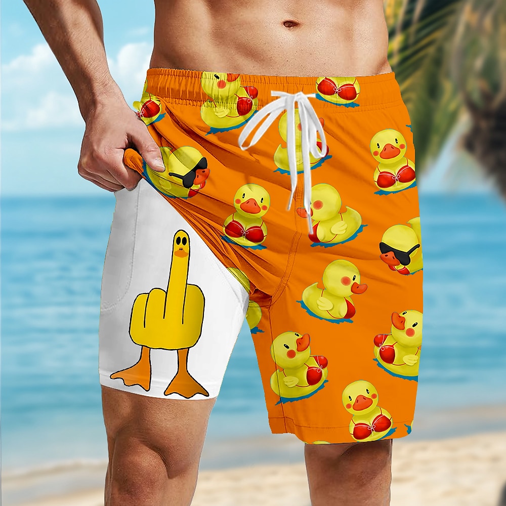 Men's Little Yellow Duck Funny Lined Shorts 2 in 1 Board Shorts Swim Shorts Mid Waist Hawaiian Vacation Beach Wear Side Pockets With Compression Liner Elastic Drawstring Waist Designer Clothing