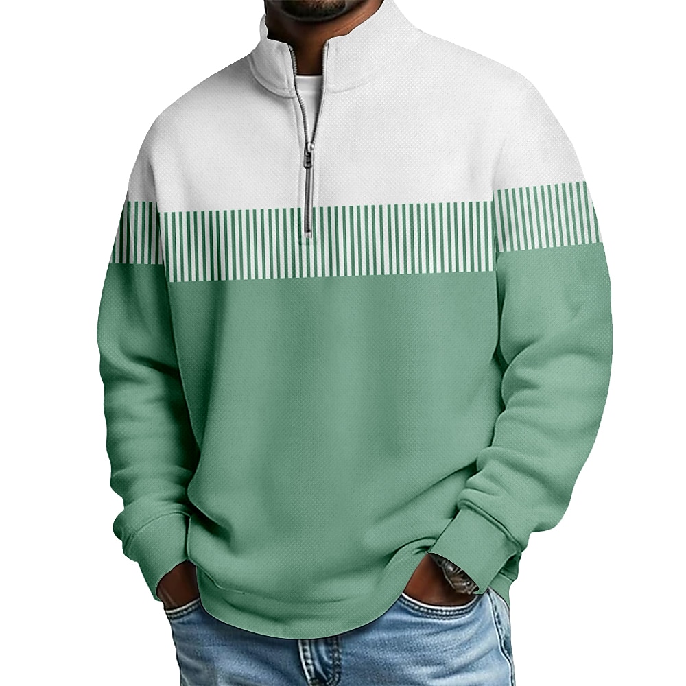Men's Color Block Stripe Zip Polo Shirts Long Sleeve Polo Shirts Grandad Collar Casual School Athleisure Holiday Daily Wear 3D Print Quarter Zip Polo Spring Fall Blue Purple Green