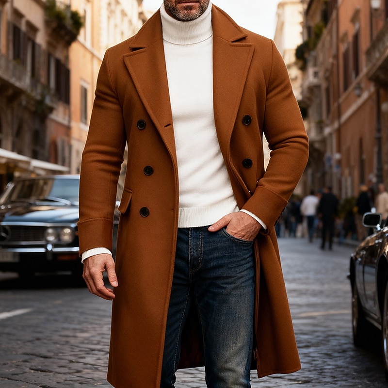 Men's Winter Coat Overcoat Long Trench Coat Trench Coat Outdoor Casual Fall Winter Polyester Thermal Warm Outerwear Clothing Apparel Classic Plain Pocket Notch lapel collar