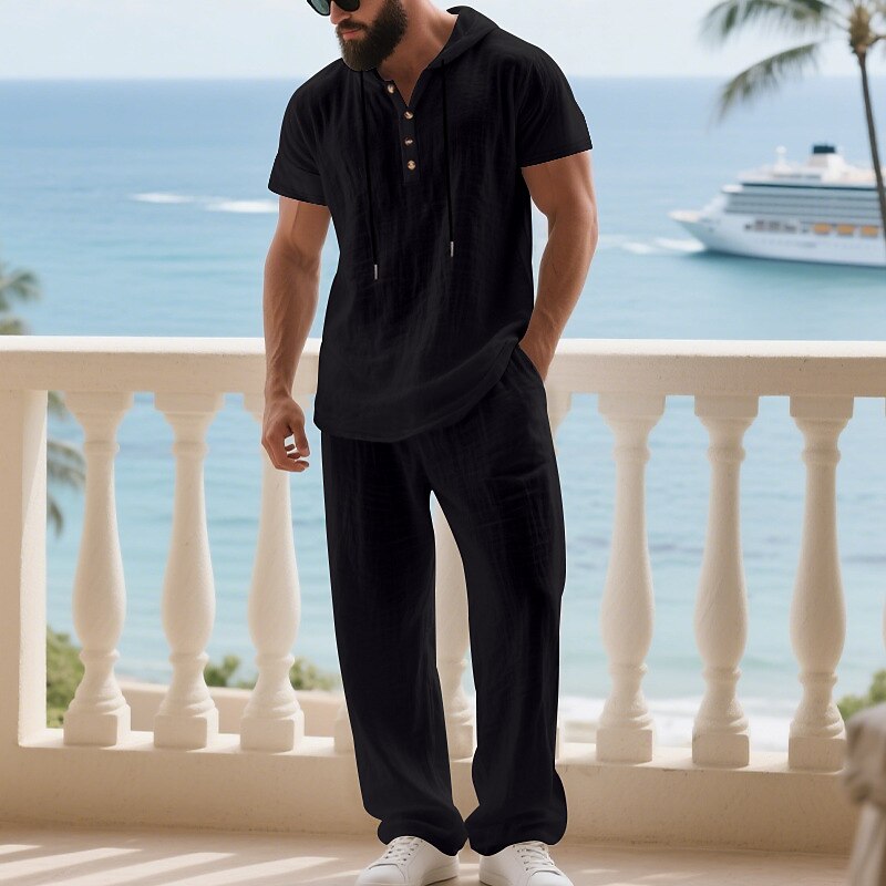 Men's T-shirt Suits Shirt and Pant Sets 2 Pieces Outfits Short Sleeve Hooded Summer Spring Plain Fashion Casual Drawstring 2 Piece Buttons Vacation Daily Wear Going out Black White Yellow Top Tee for