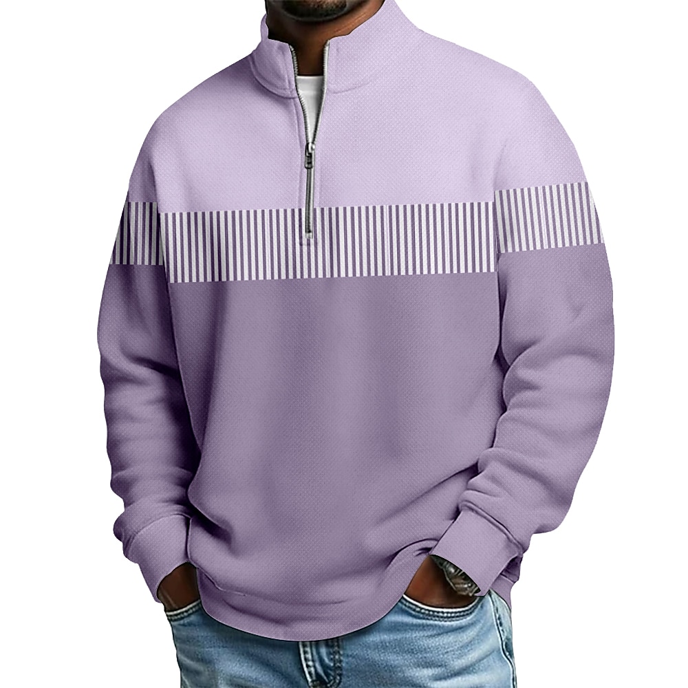 Men's Color Block Stripe Zip Polo Shirts Long Sleeve Polo Shirts Grandad Collar Casual School Athleisure Holiday Daily Wear 3D Print Quarter Zip Polo Spring Fall Blue Purple Green
