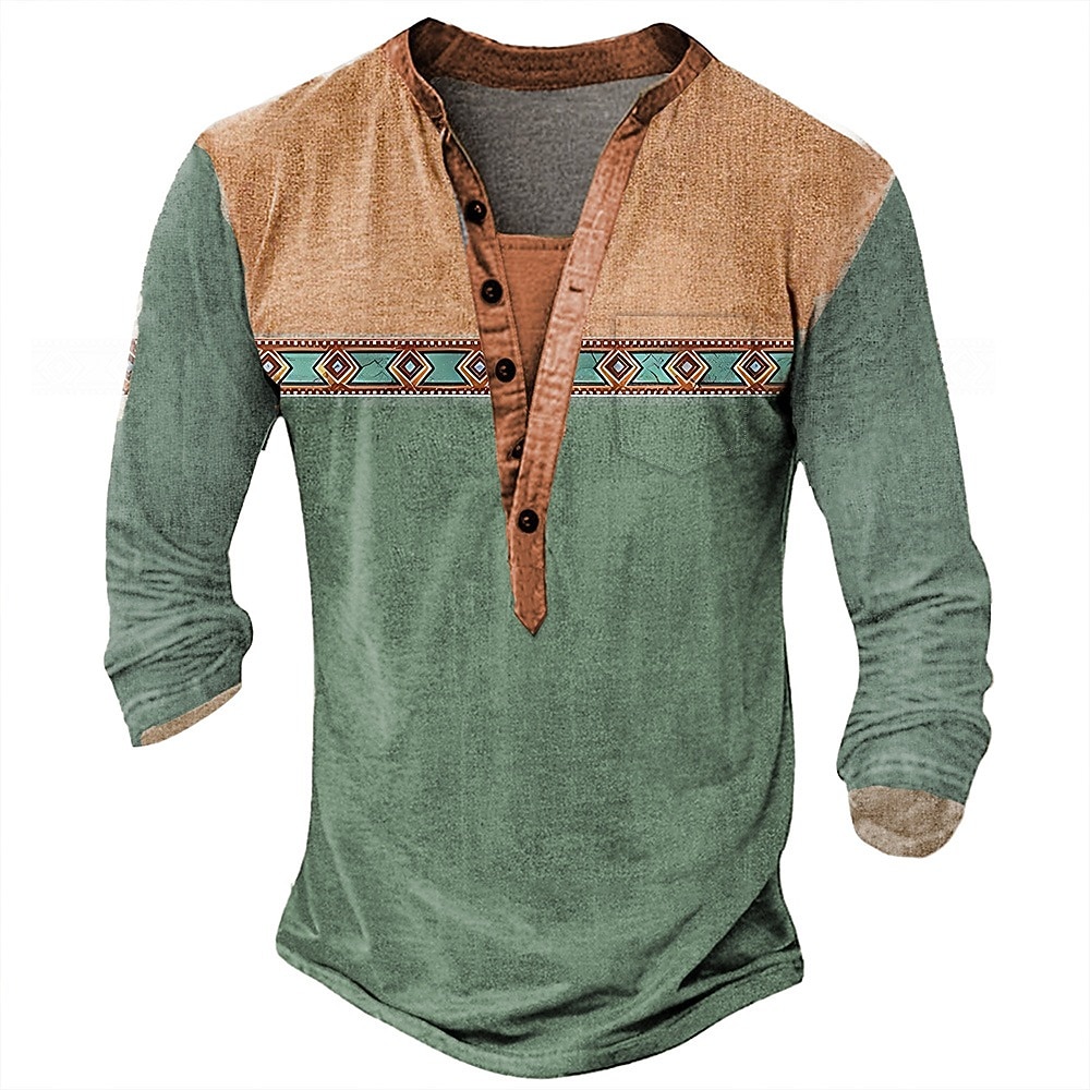 Men's Geometric Ethnic Henley Shirt Tee Long Sleeve Ethnic Casual Summer Spring Fall Lake blue Dark Gray Black Green Light Blue Henley Henley T-Shirt