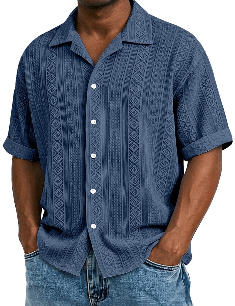 Men's Shirt Texture Button Down Shirt Jacquard Shirt Black White Light Green Navy Blue Purple Short Sleeve Geometric Lapel Daily Outdoor Jacquard Clothing Apparel Streetwear Casual
