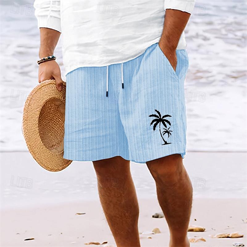 Men's Summer Shorts Beach Shorts Casual Shorts Pocket Drawstring Elastic Waist Coconut Tree Comfort Breathable Short Holiday Vacation Beach Hawaiian Boho White Sky Blue