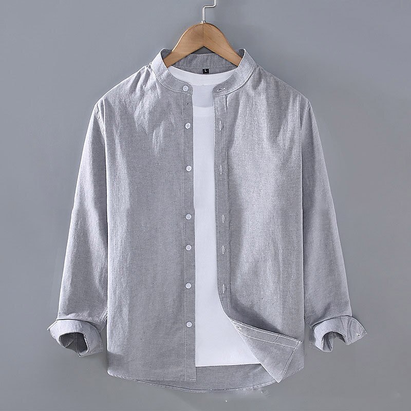 Men's Summer Beach Long Sleeve Plain Stand Collar Spring & Summer Hawaiian Holiday Clothing Apparel Basic Linen Shirt