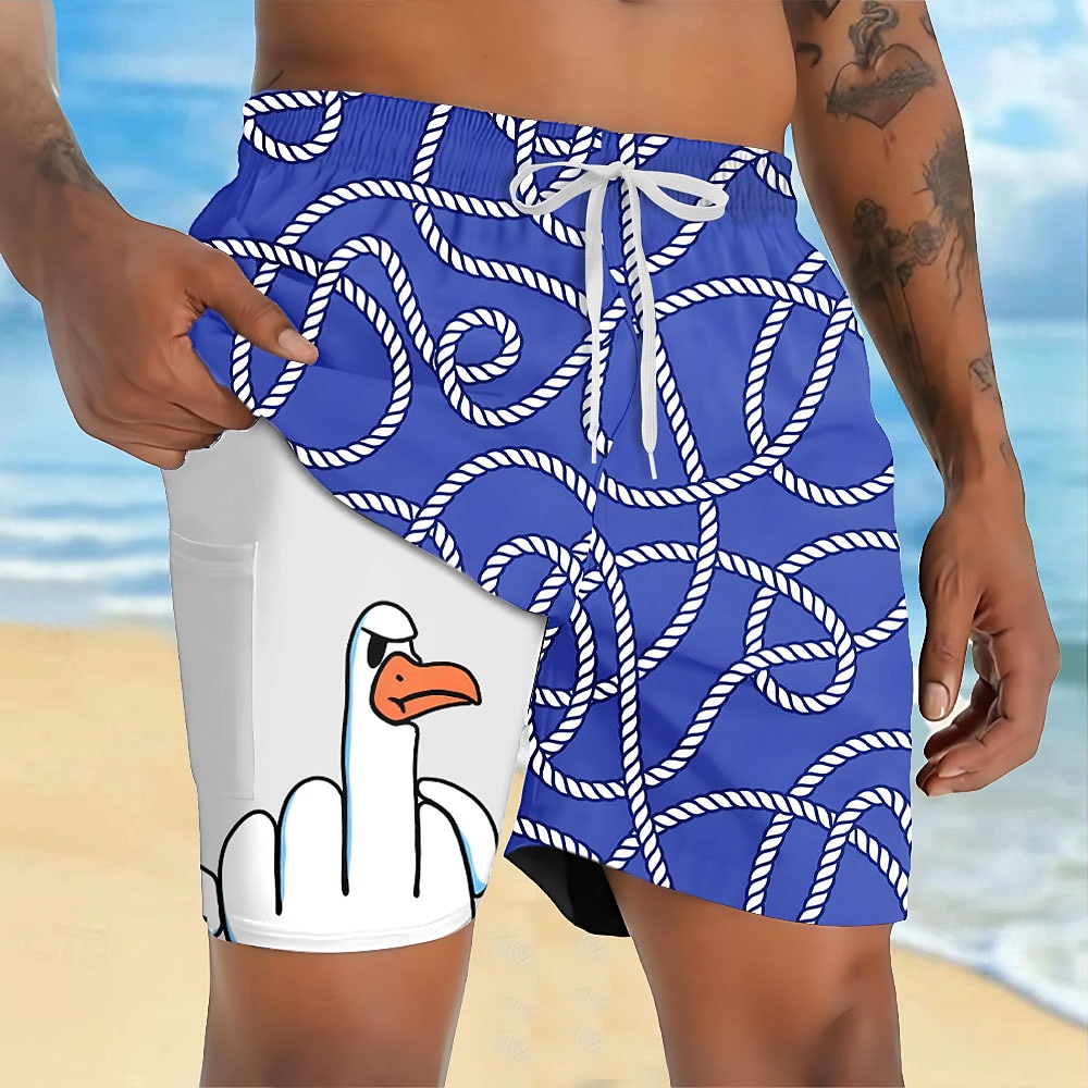 Men's Animal Funny Duck Lined Shorts 2 in 1 Board Shorts Swim Shorts Mid Waist Hawaiian Vacation Holiday Beach Wear Side Pockets With Compression Liner Elastic Drawstring Waist Designer Clothing