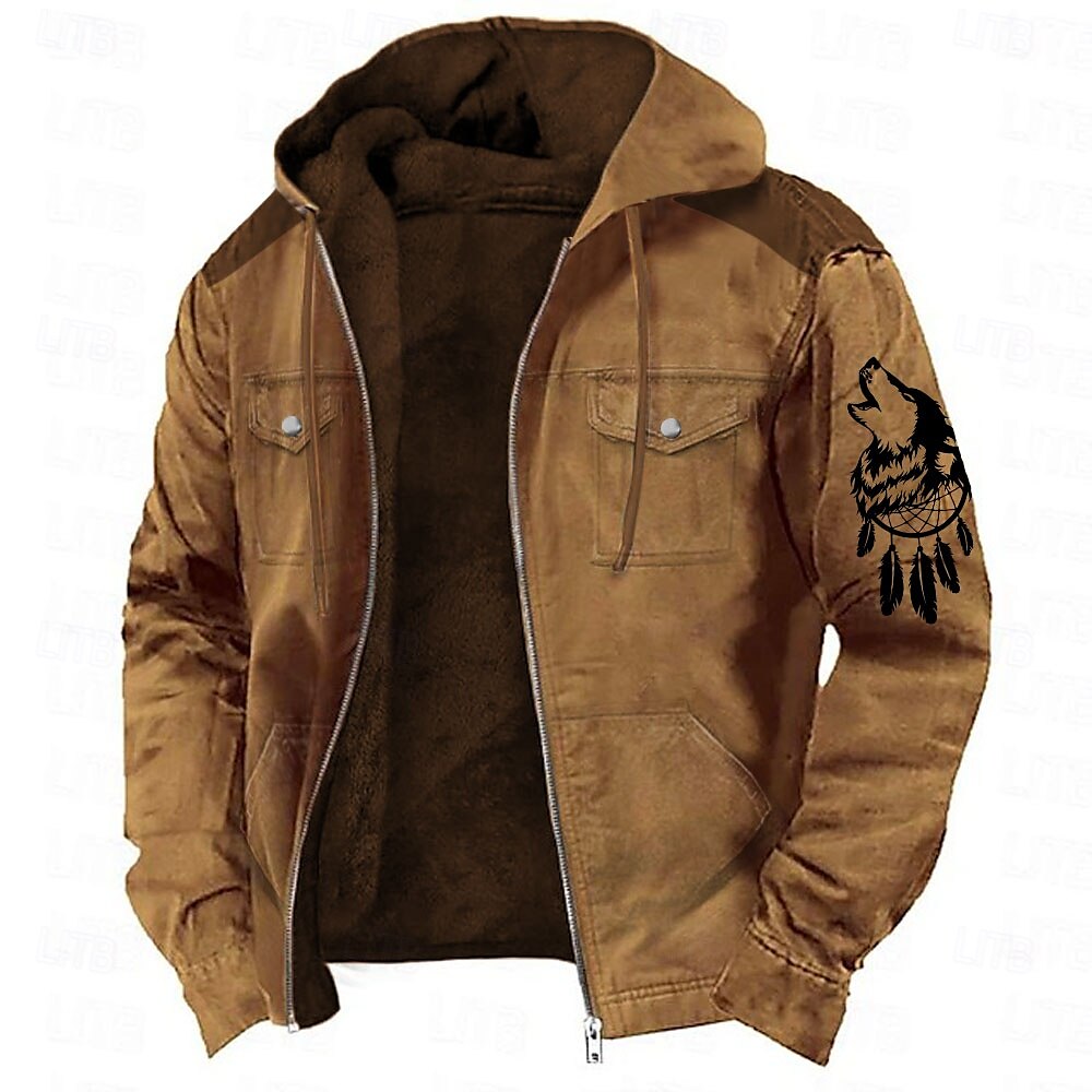 Men's Jacket Basic Vintage Sweatshirt Fleece Graphic Wolf Brown Green khaki Long Sleeve Sport Casual Hunting Crew Neck Fall Winter Clothing Apparel Designer Graphic Print S M L