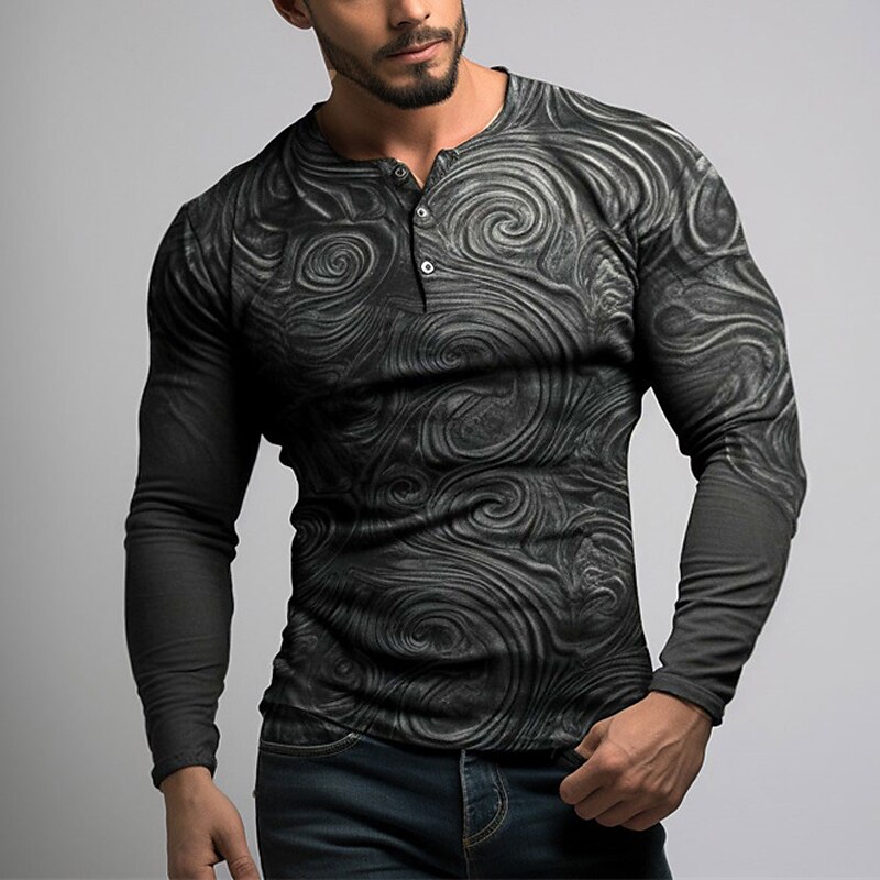 Graphic Relief Pattern Fashion Daily Casual Men's 3D Print Henley Shirt Casual Holiday Going out T shirt Green Dark Blue Dark Gray Long Sleeve Henley Shirt Spring &  Fall Clothing Apparel S M L XL