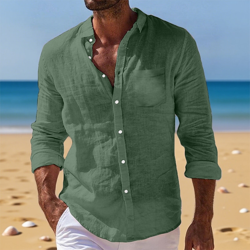 Men's Shirt Linen Shirt Summer Shirt Button Down Shirt Beach Shirt Untucked Shirts Plain Vacation Daily Wear Black White Light Green Pink Long Sleeve Turndown Summer Spring &  Fall Clothing Apparel