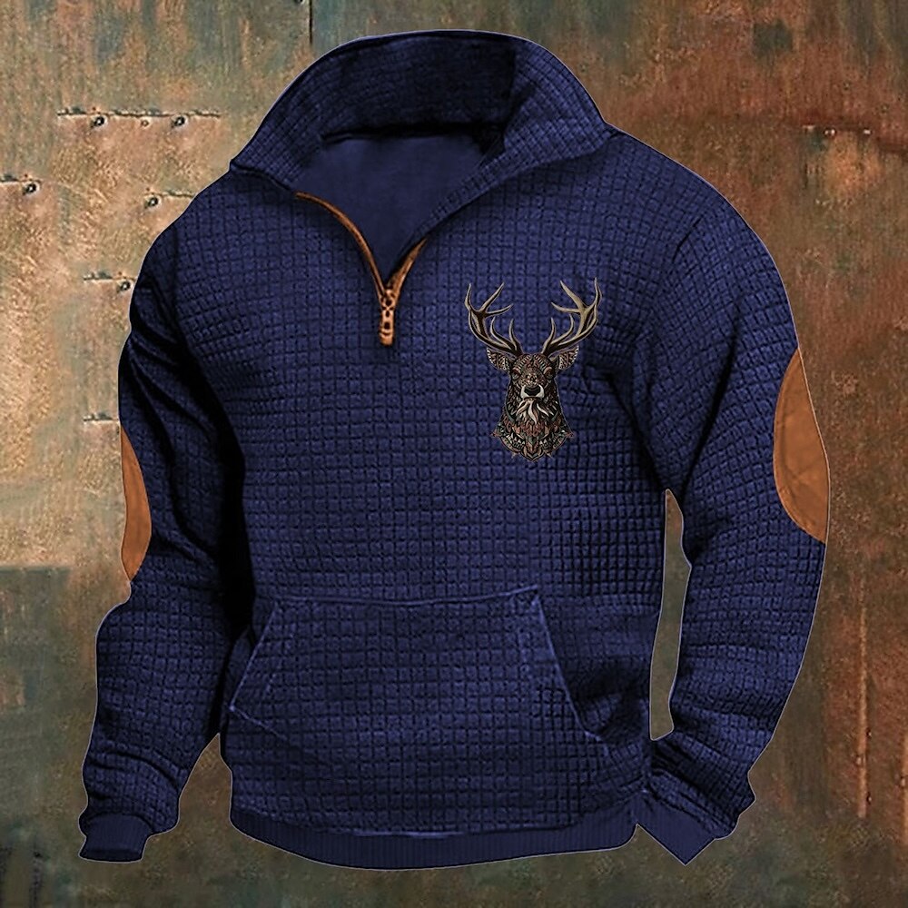 Men's Waffle Sweatshirt Quarter Zip Sweatshirt Black Navy Blue Khaki Dark Gray Gray Half Zip Reindeer Print Christmas Daily Holiday Streetwear Casual Spring &  Fall Clothing Apparel Hoodies