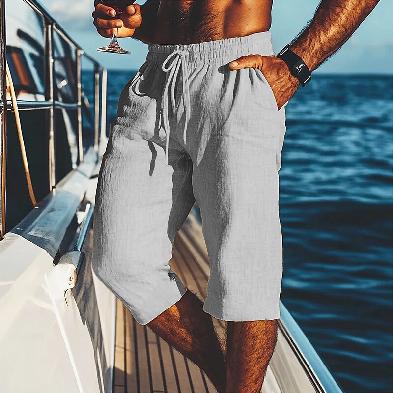 Men's Shorts Linen Shorts Summer Shorts Beach Shorts Pocket Drawstring Elastic Waist Plain Comfort Breathable Calf-Length Vacation Holiday Beach Hawaiian Boho Black White