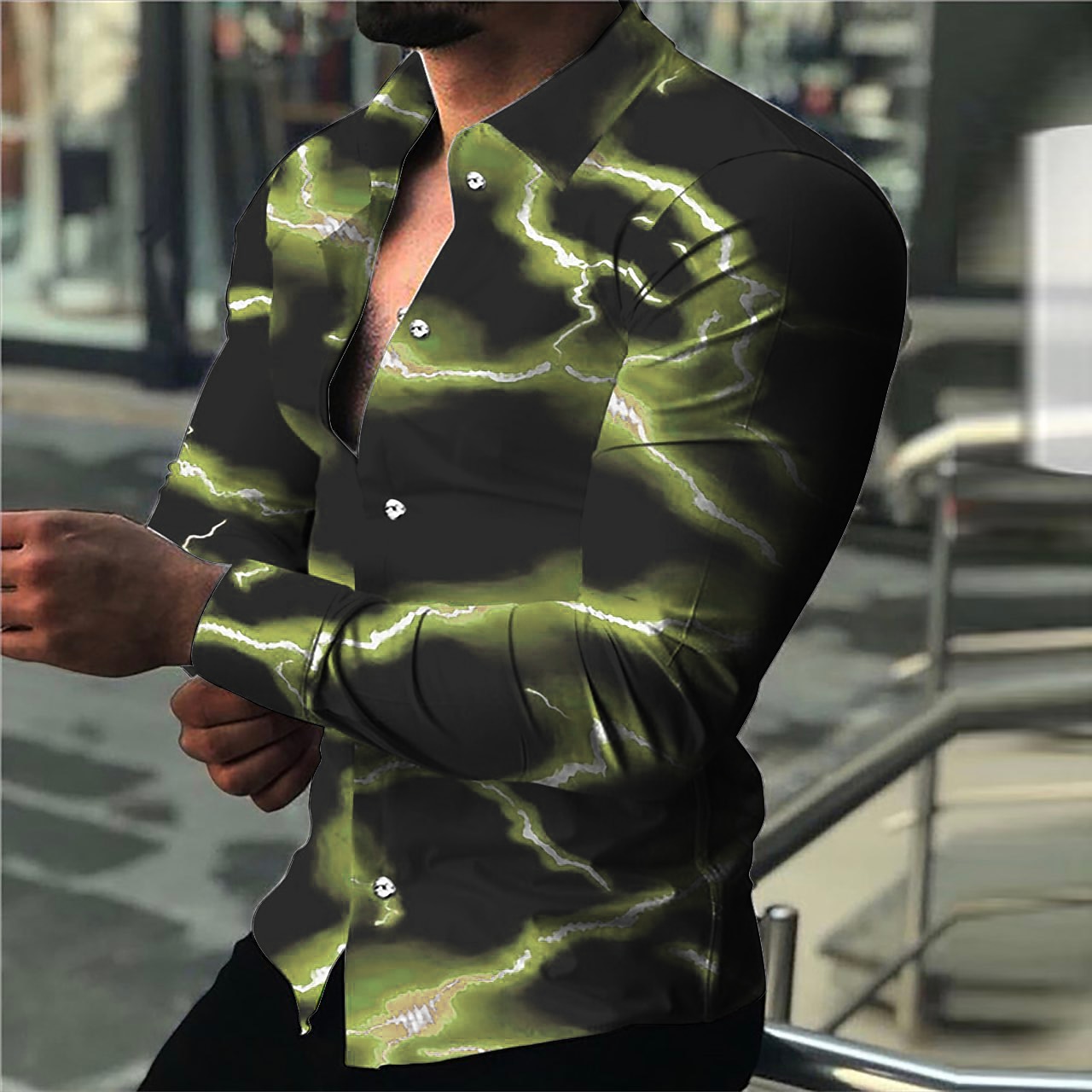Men's Lightning Shirt Long Sleeve Fashion Designer Casual Outdoor Holiday Summer Spring Turndown Print Button-Down Blue Light Yellow Black White Yellow