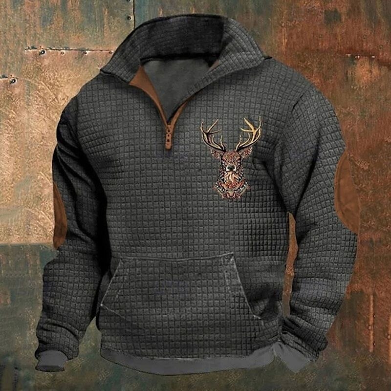 Men's Waffle Sweatshirt Quarter Zip Sweatshirt Black Navy Blue Khaki Dark Gray Gray Half Zip Reindeer Print Christmas Daily Holiday Streetwear Casual Spring &  Fall Clothing Apparel Hoodies