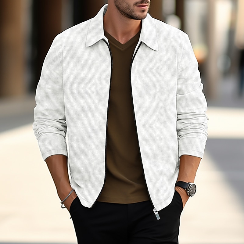 Men's Shirt Jacket Overshirts Transition Jacket Daily Wear Lightweight Pocket Spring Plain Streetwear Lapel Regular Waffle Fabric Black White Blue Khaki Gray Jacket