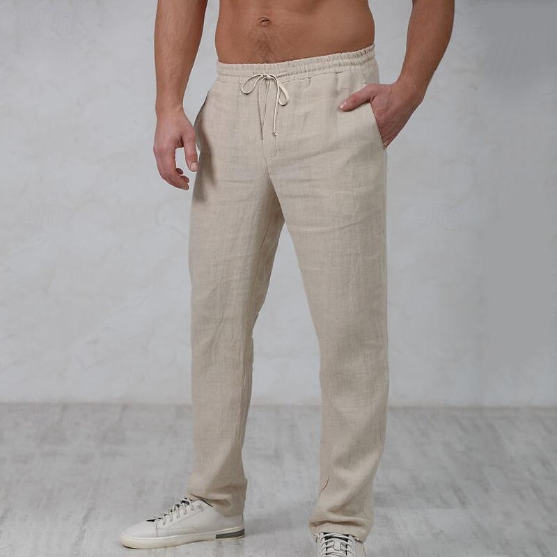 Men's Linen Pants Trousers Summer Pants Beach Pants Drawstring Elastic Waist Straight Leg Plain Comfort Outdoor Casual Daily Streetwear Stylish White Navy Blue