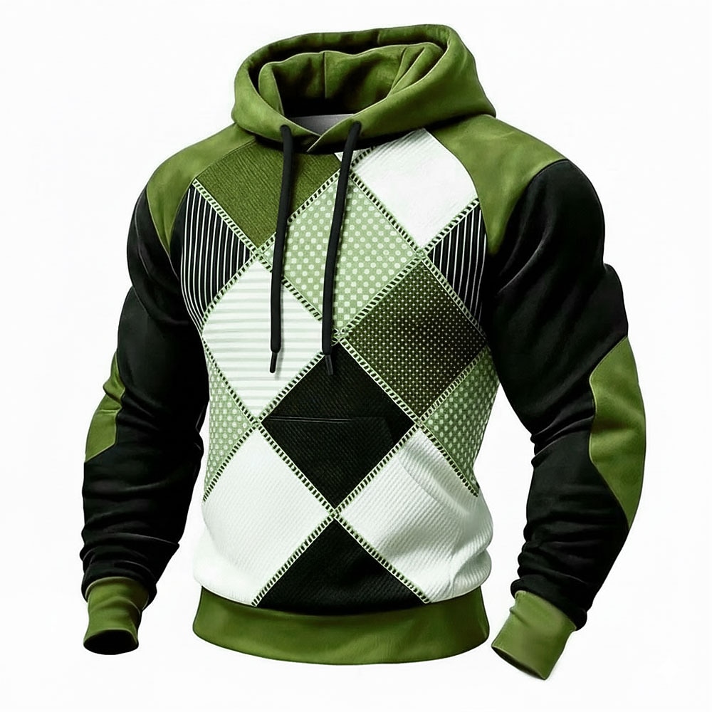 Men's Geometric Plaid Hoodie Sweatshirt Fashion Daily Crew Neck Home Streetwear Party Blue Brown Green Gray Drawstring Fall Winter Designer S M L XL XXL XXXL