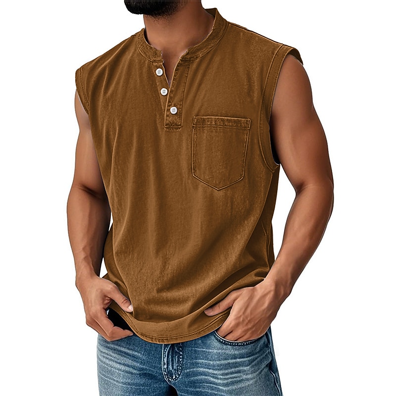 Men's Tank Top Vest Top Undershirt Sleeveless Shirt Cotton Sleeveless Henley Summer Plain Fashion Designer Basic Pocket Buttons Vacation Street Going out Black Light Green Pink Top Tee for Men