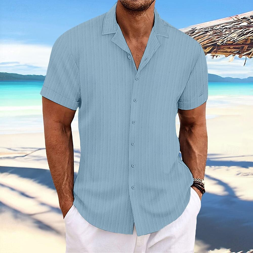 Men's Shirt Summer Shirt Beach Wear Button Up Shirt Casual Shirt Black White Navy Blue Blue khaki Short Sleeve Stripes Lapel Daily Vacation Clothing Apparel Fashion Casual Comfortable