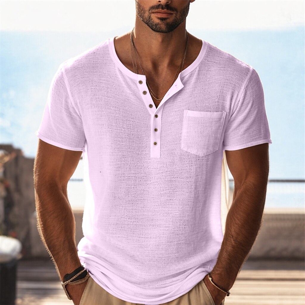 Men's HenleyT Shirt Knit Tee Tee Top Short Sleeve Henley Summer Solid Color Textured Fashion Lightweight Basic Mesh Knitted Casual Vacation Street Black Purple Green Top Tee for Men