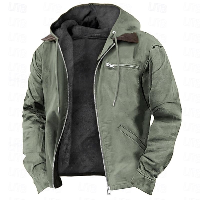 Men's Hoodie Full Zip Hoodie Sherpa Linend Army Green Blue Brown Gray Hooded Plain Pocket Sports & Outdoor Daily Holiday Vintage Streetwear Casual Fall & Winter Clothing Apparel Hoodies Sweatshirts