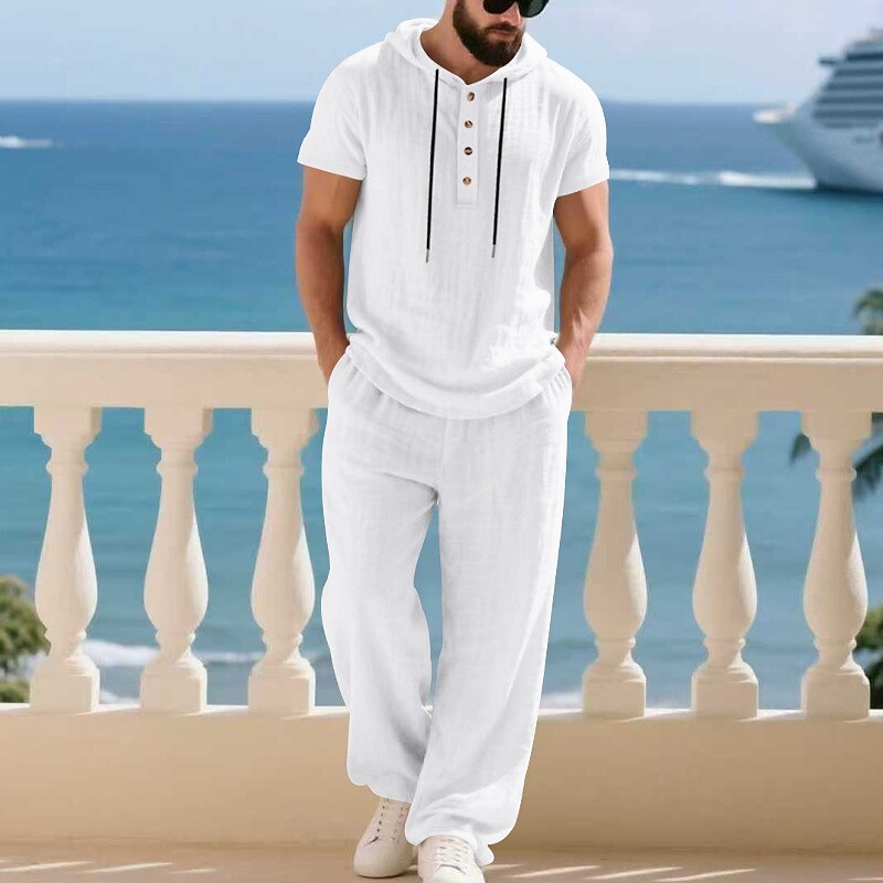 Men's T-shirt Suits Shirt and Pant Sets 2 Pieces Outfits Short Sleeve Hooded Summer Spring Plain Fashion Casual Drawstring 2 Piece Buttons Vacation Daily Wear Going out Black White Yellow Top Tee for