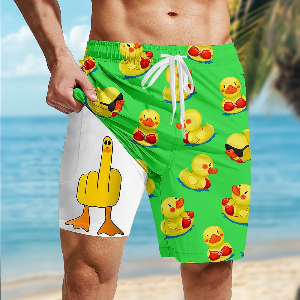 Men's Little Yellow Duck Funny Lined Shorts 2 in 1 Board Shorts Swim Shorts Mid Waist Hawaiian Vacation Beach Wear Side Pockets With Compression Liner Elastic Drawstring Waist Designer Clothing