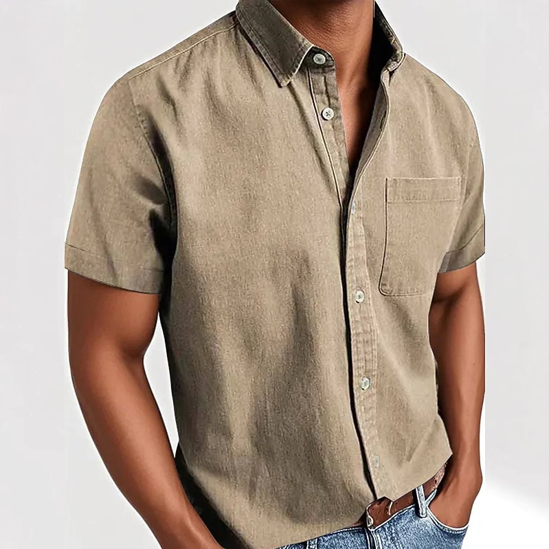 Men's Cotton Shirt Casual Shirt Button Up Shirt Black White Pink Red Navy Blue Short Sleeve Plain Lapel Casual Daily Front Pocket Clothing Apparel Elegant Fashion Casual