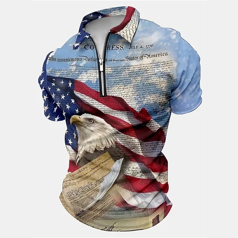 Men's Polo Shirt Zip Polo Golf Shirt Graphic Prints Eagle American Flag Turndown White Red Blue Brown Dark Blue Outdoor Street Short Sleeves Zipper Print Clothing Apparel Fashion Designer Casual