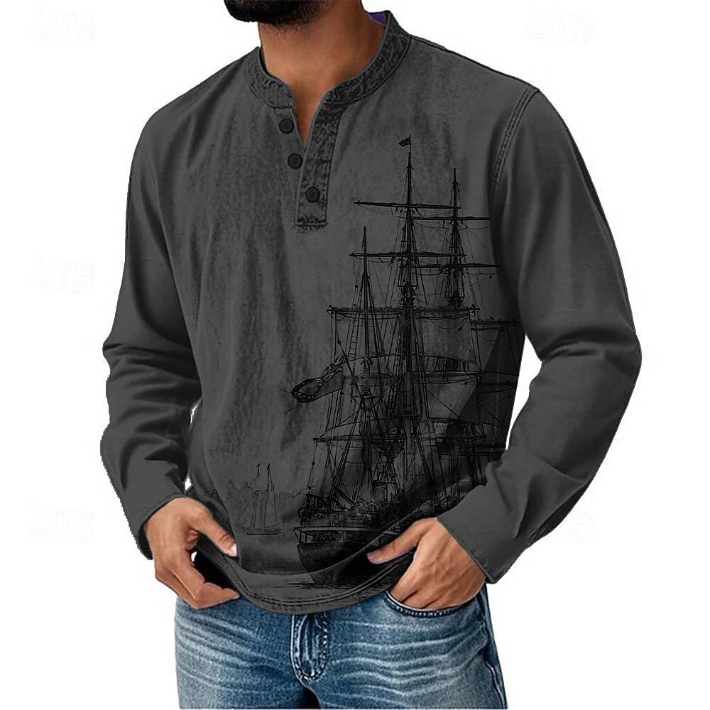Men's Henley Shirt Long Sleeve Vintage Fashion Daily Casual Holiday Going out Spring Spring &  Fall All Seasons Navy-blue Deep Green Dark Grey Black Blue Henley Henley T-Shirt
