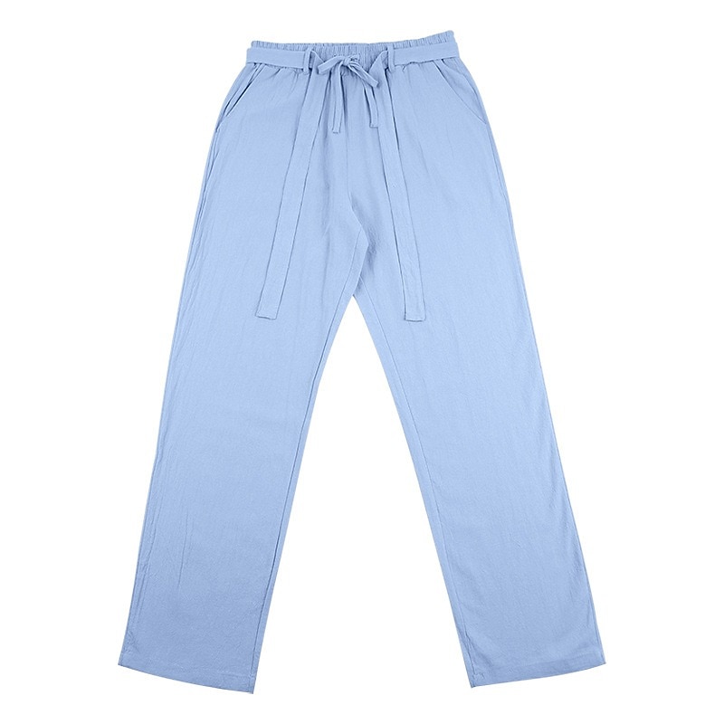 Men's Linen Pants Trousers Summer Pants Baggy Pants Drawstring Elastic Waist Straight Leg Plain Comfort Breathable Full Length Daily Outdoor Beach Vacation Fashion Blue White Inelastic